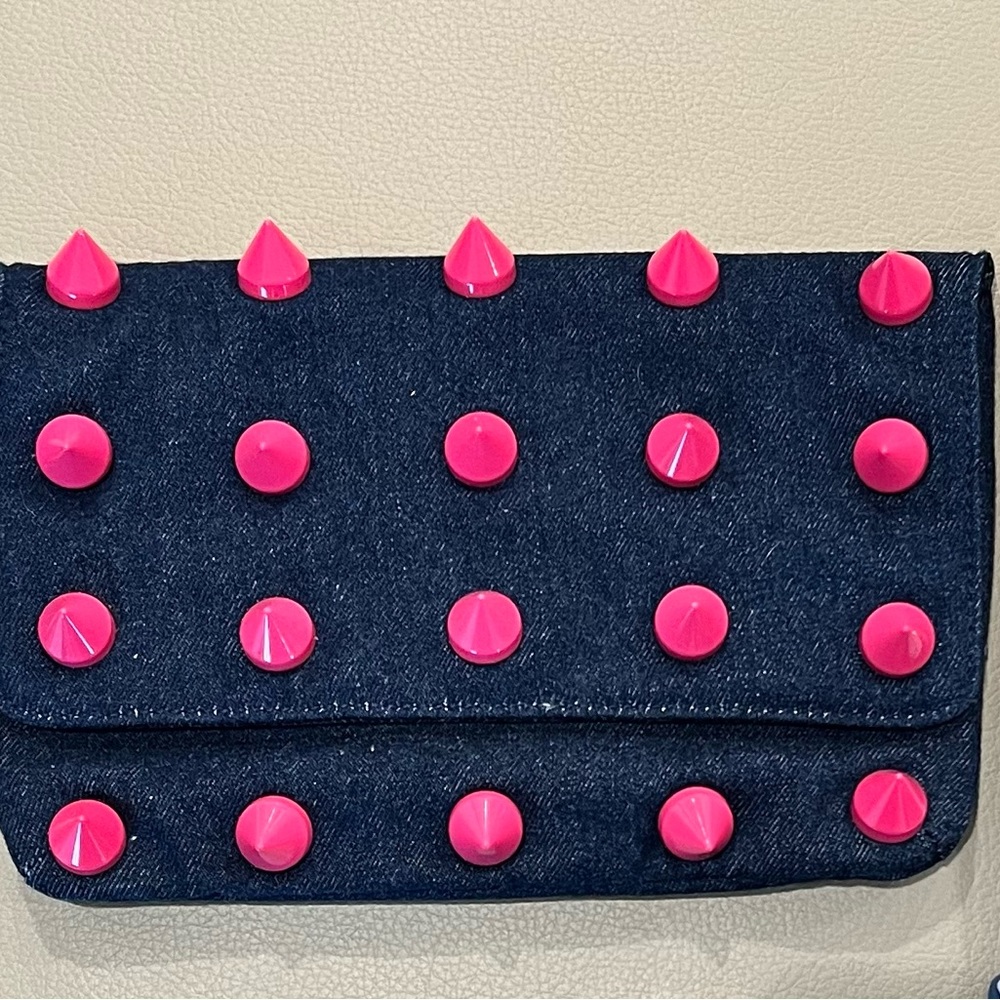 Gently used Deux Lux denim clutch with hot pink studs & magnetic closure